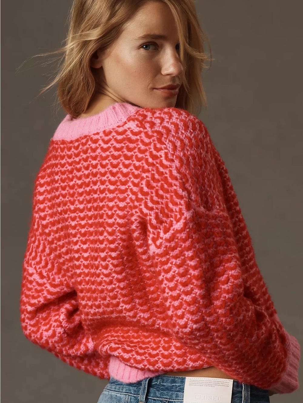 ANTHROPOLOGIE Lili Sidonio Pink Red Two-Tone Knit Sweater Womens Crewneck Small - Picture 2 of 8